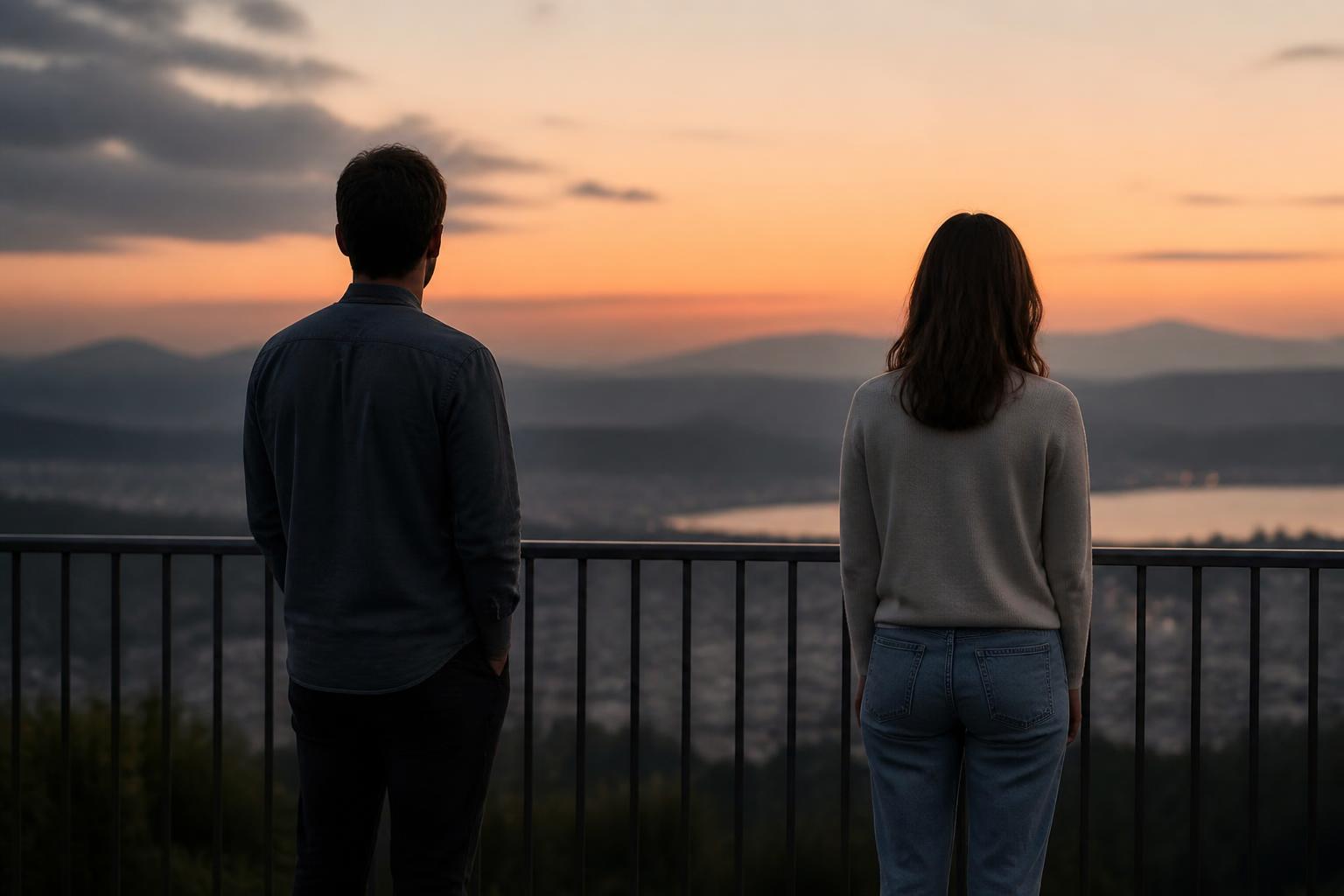 Duas mãos de um casal quase se tocando sobre uma mesa de madeira, luz de manhã